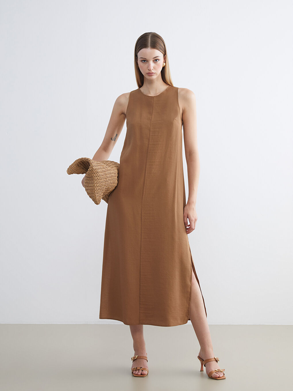 Yeşil Bisiklet Yaka Modal Karışımlı Elbise-1