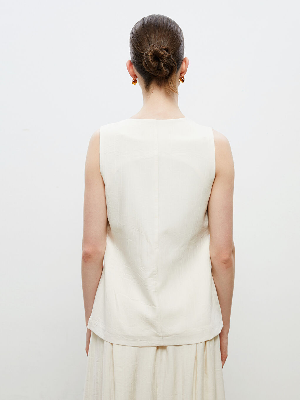 Bej Bisiklet Yaka Keten Görünümlü Kadın Klasik Yelek-3