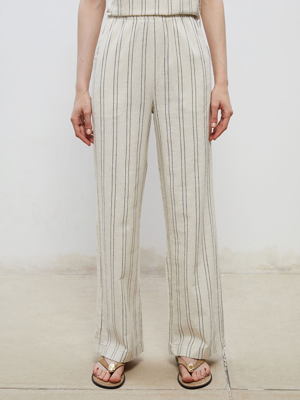 Soulife Women's Striped Linen-Look Elasticated Waist Trousers -S5RL88Z8-HZZ
