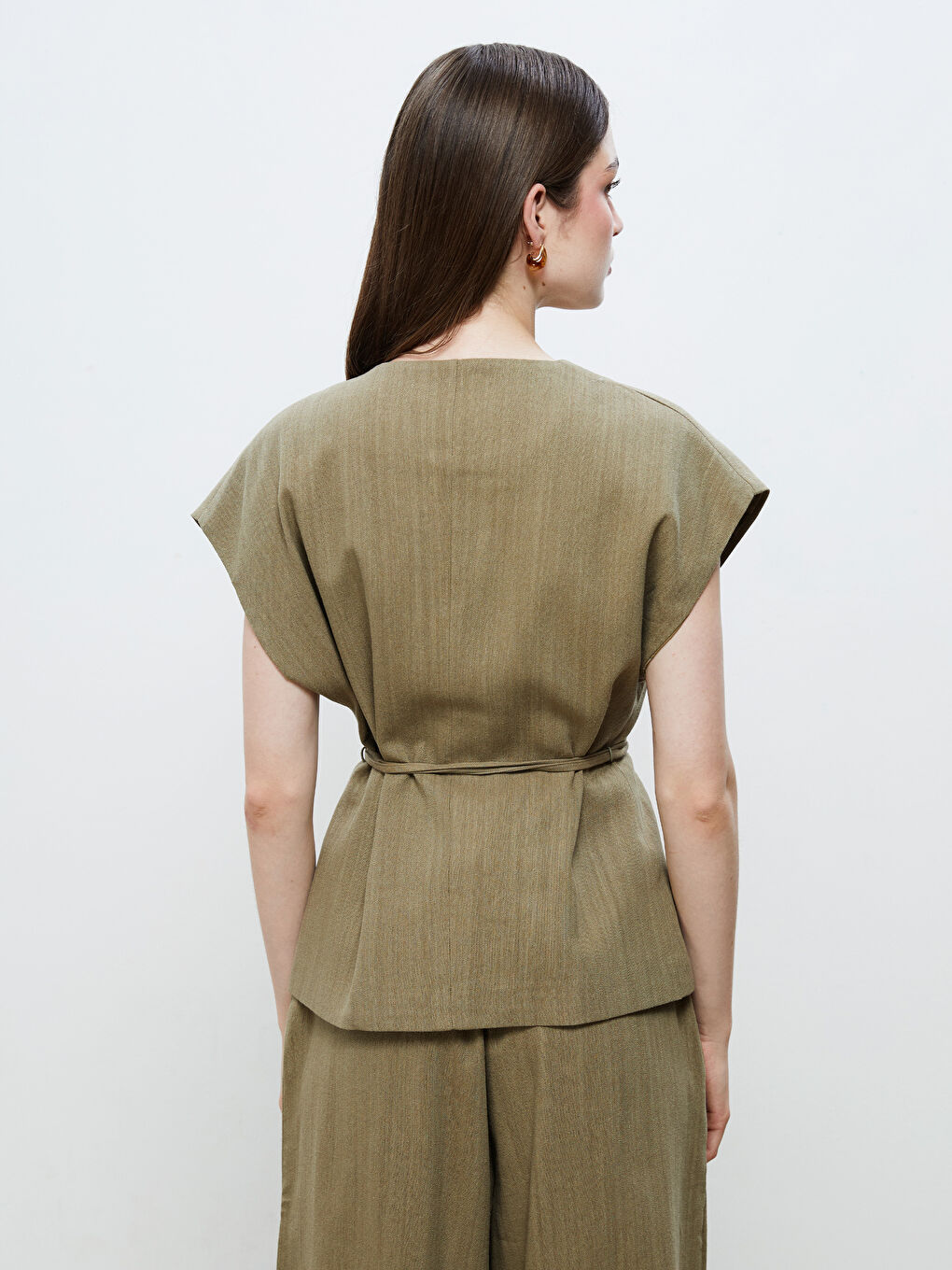 Haki Kruvaze Yaka Keten Görünümlü Bluz-3