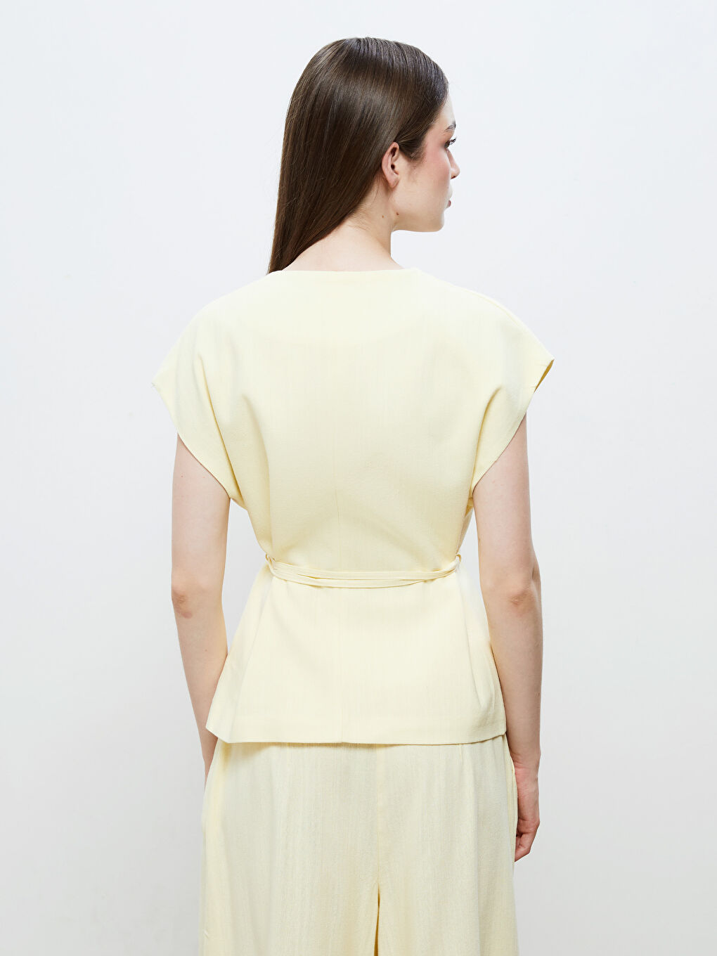 Sarı Kruvaze Yaka Keten Görünümlü Bluz-3