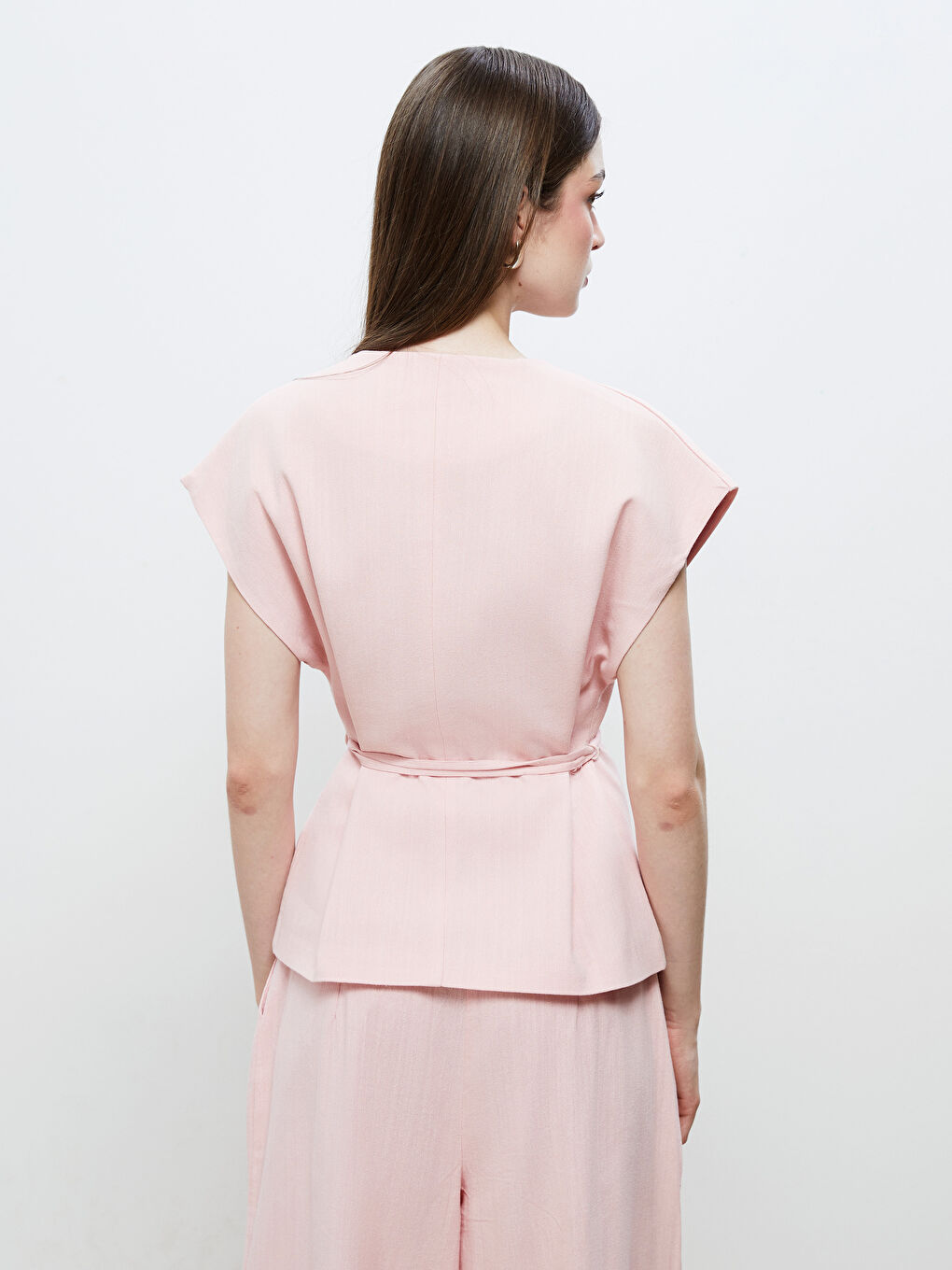 Pembe Kruvaze Yaka Keten Görünümlü Bluz-3