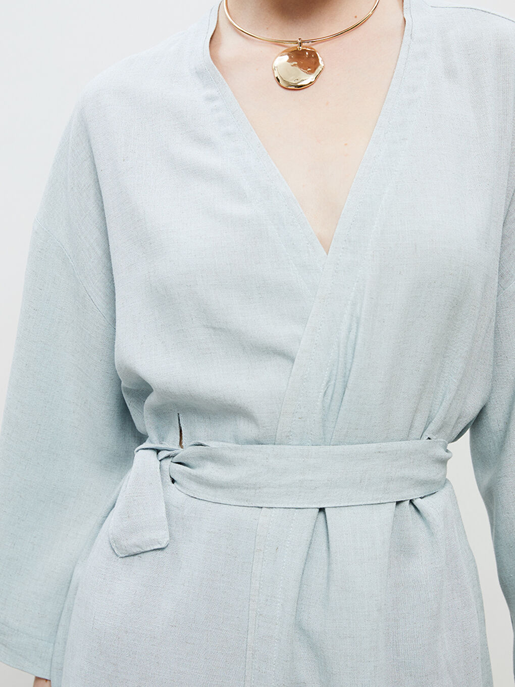 Mavi Şal Yaka Keten Karışımlı Kadın Kimono-2