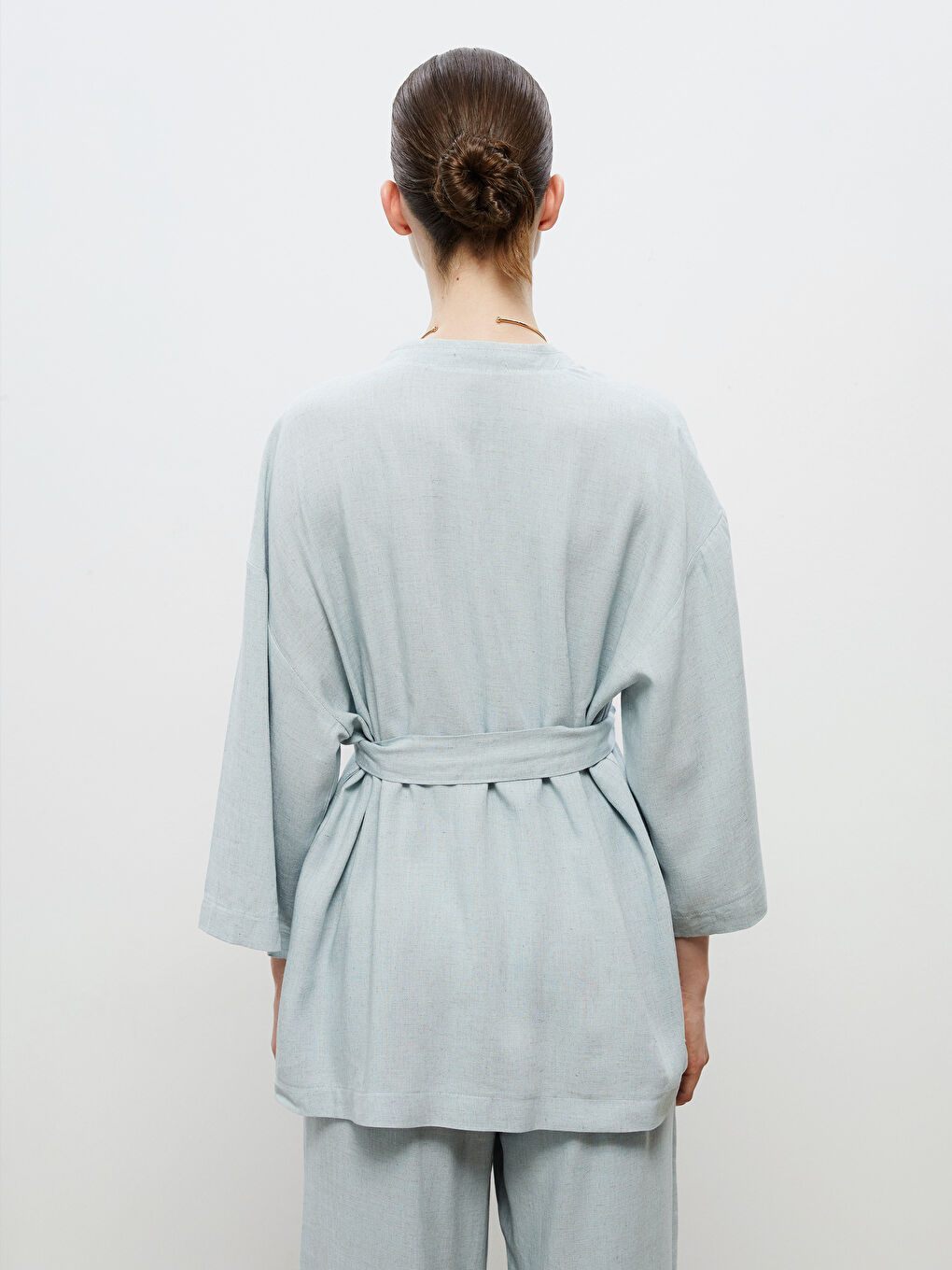 Mavi Şal Yaka Keten Karışımlı Kadın Kimono-3