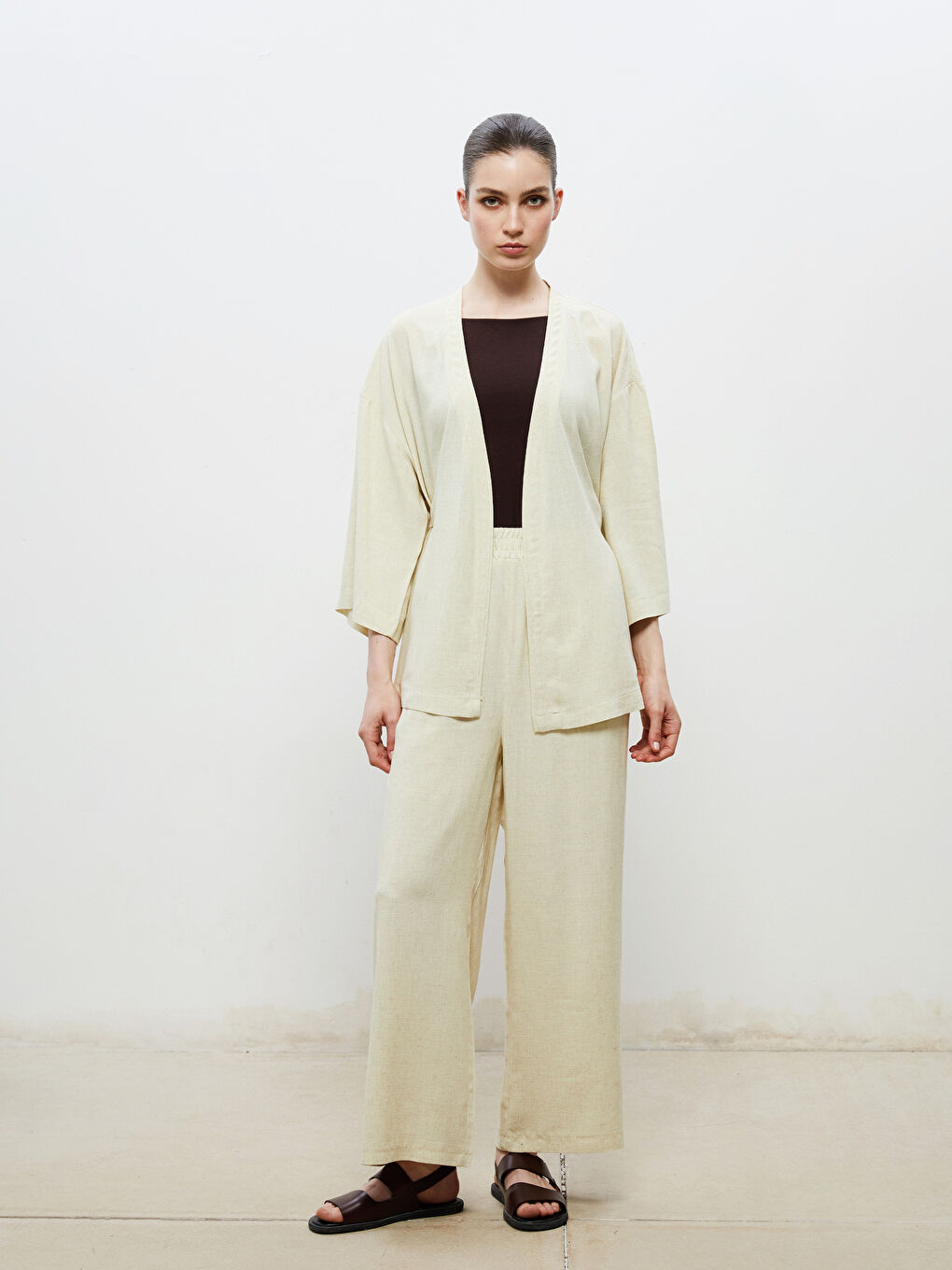 Sarı Şal Yaka Keten Karışımlı Kadın Kimono-1