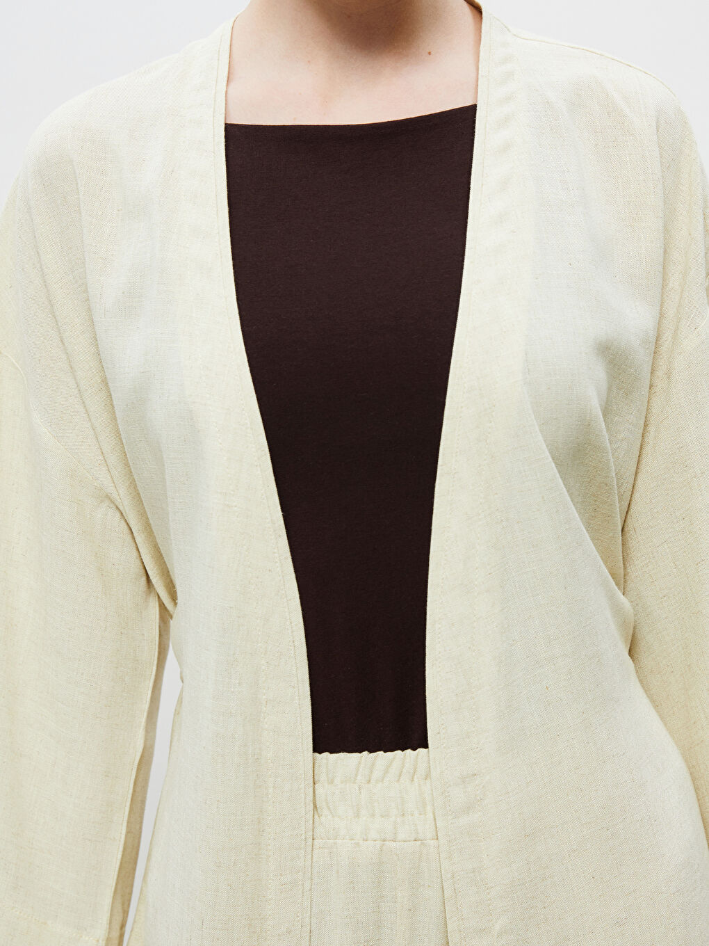 Sarı Şal Yaka Keten Karışımlı Kadın Kimono-2