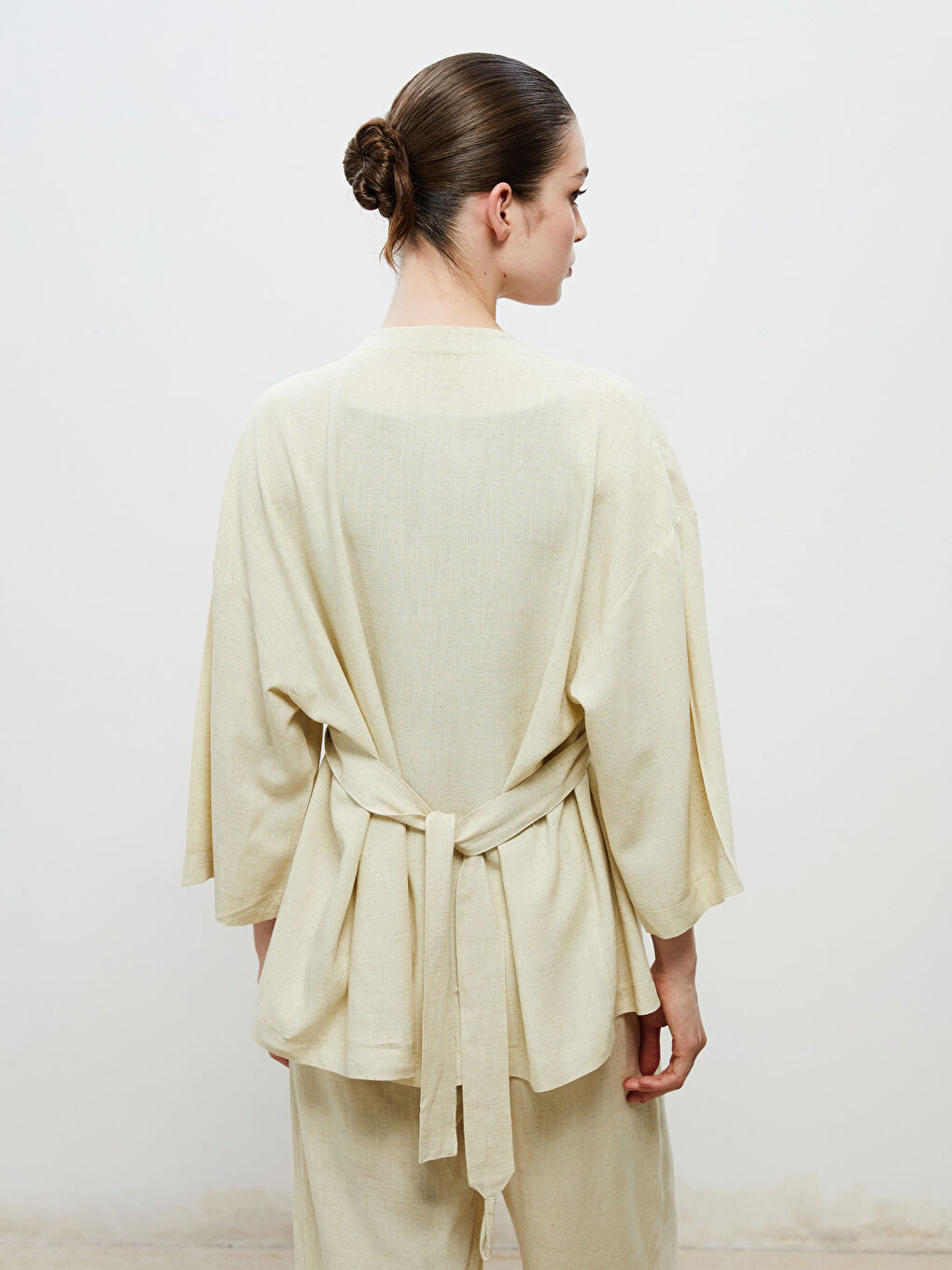 Sarı Şal Yaka Keten Karışımlı Kadın Kimono-3