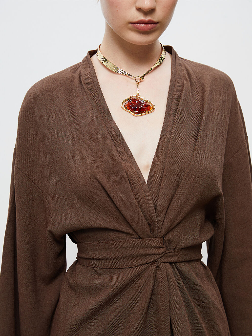 Kahverengi Şal Yaka Keten Karışımlı Kadın Kimono-2