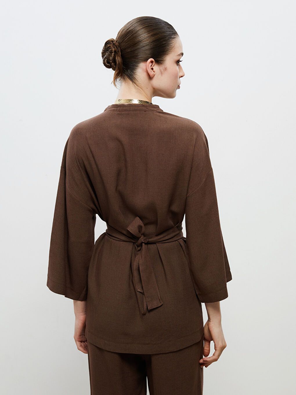 Kahverengi Şal Yaka Keten Karışımlı Kadın Kimono-3