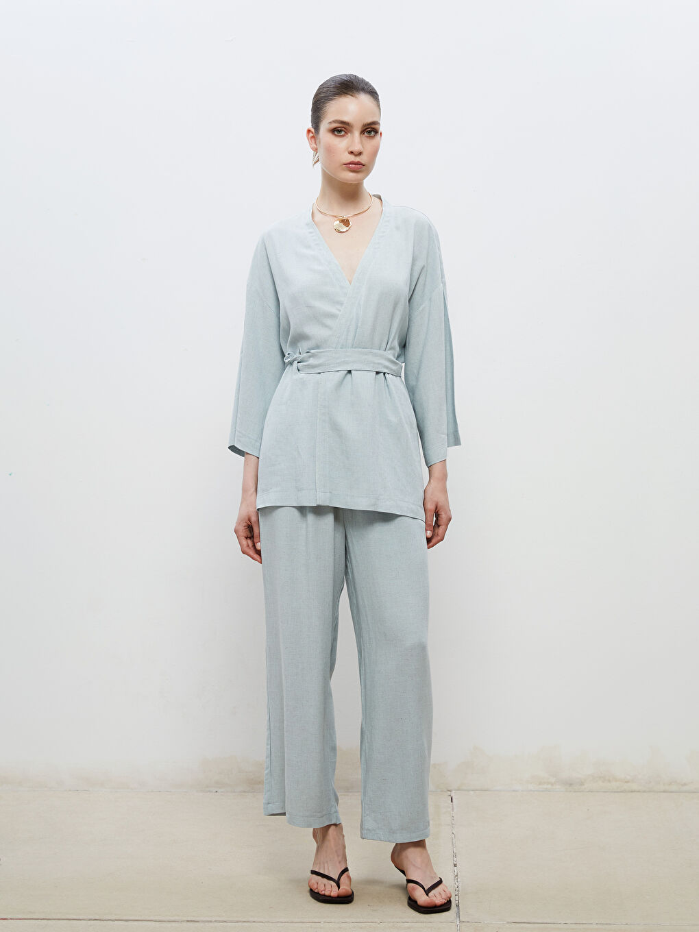 Mavi Beli Lastikli Keten Karışımlı Kadın Pantolon