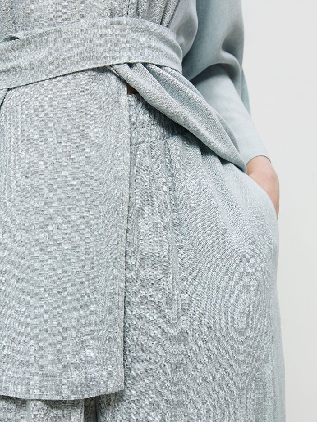 Mavi Beli Lastikli Keten Karışımlı Kadın Pantolon-2