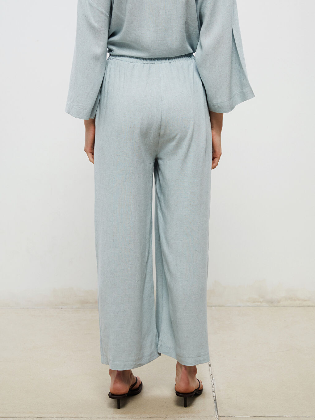 Mavi Beli Lastikli Keten Karışımlı Kadın Pantolon-3