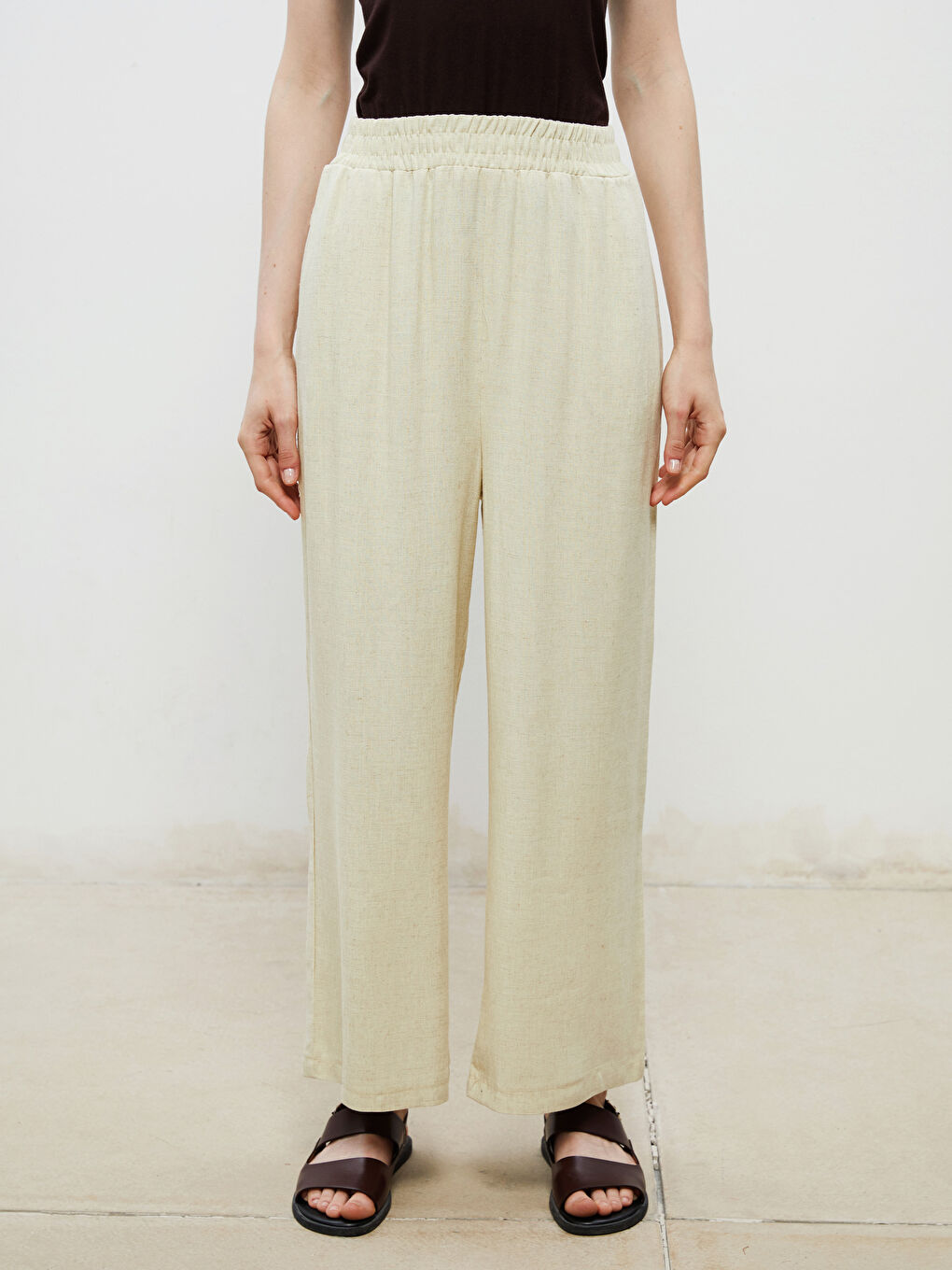 Sarı Beli Lastikli Keten Karışımlı Kadın Pantolon-1