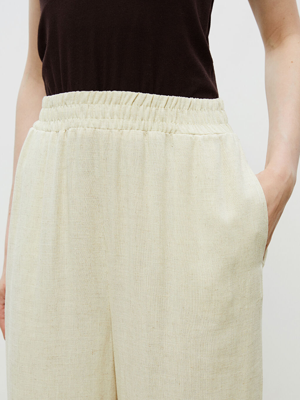 Sarı Beli Lastikli Keten Karışımlı Kadın Pantolon-2