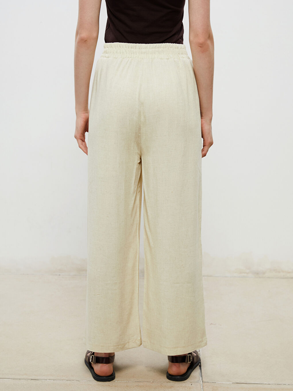 Sarı Beli Lastikli Keten Karışımlı Kadın Pantolon-3