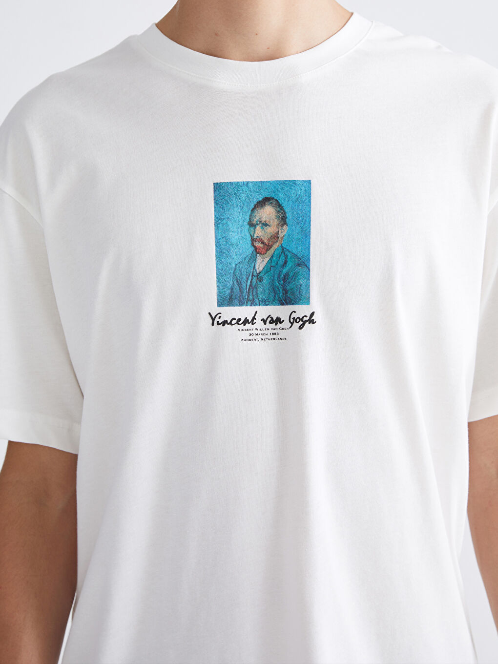 Ekru Bisiklet Yaka Baskılı Penye Erkek Tişört-2