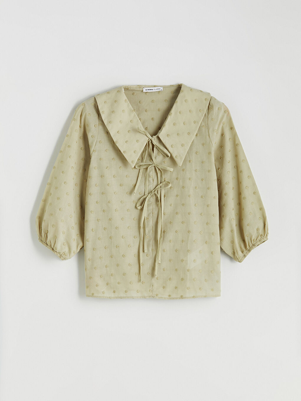 Yeşil Bebe Yaka Nakışlı Fiyonklu Bluz-4