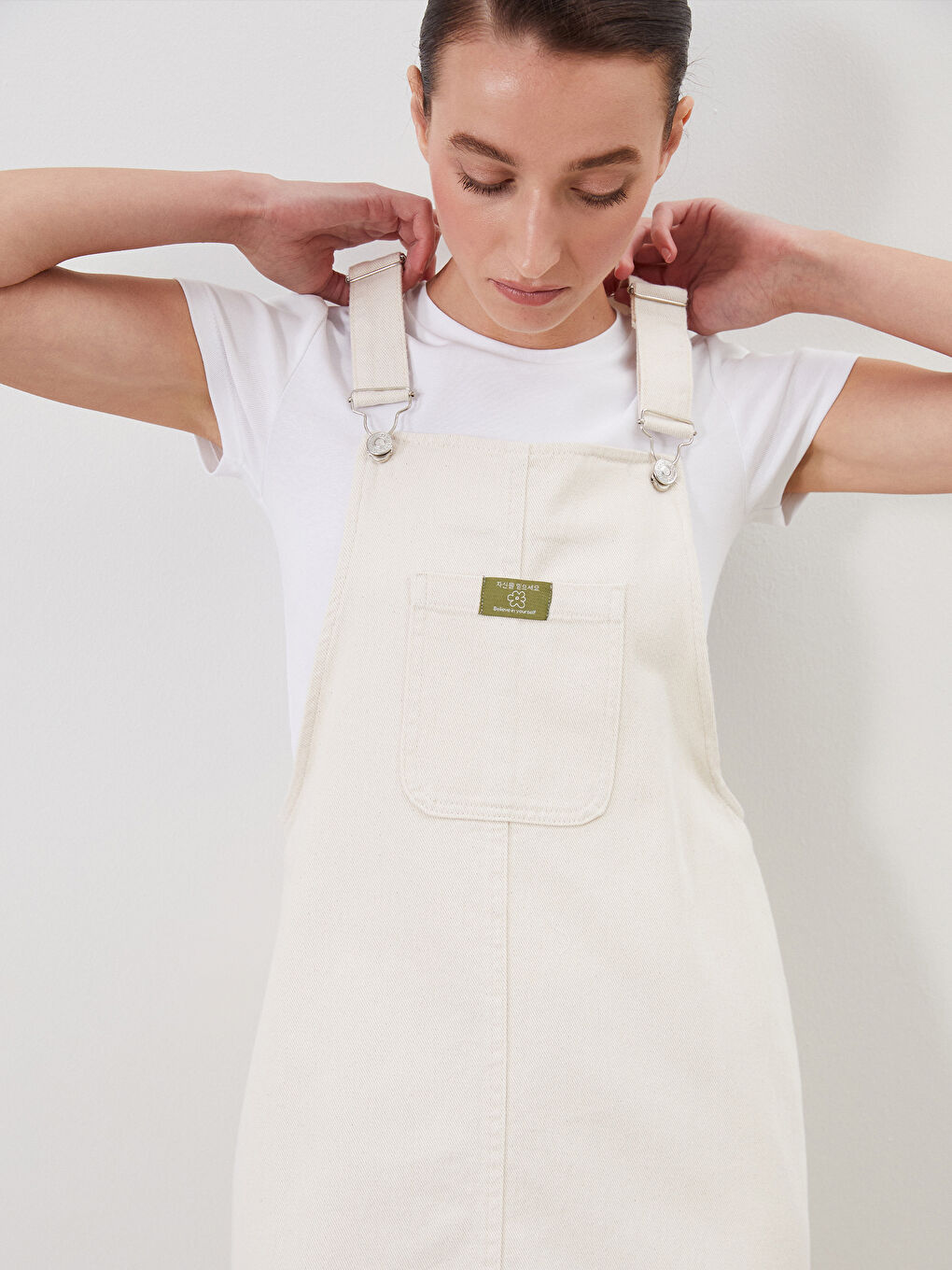 Bej Kare Yaka Kadın Jean Salopet Elbise-2