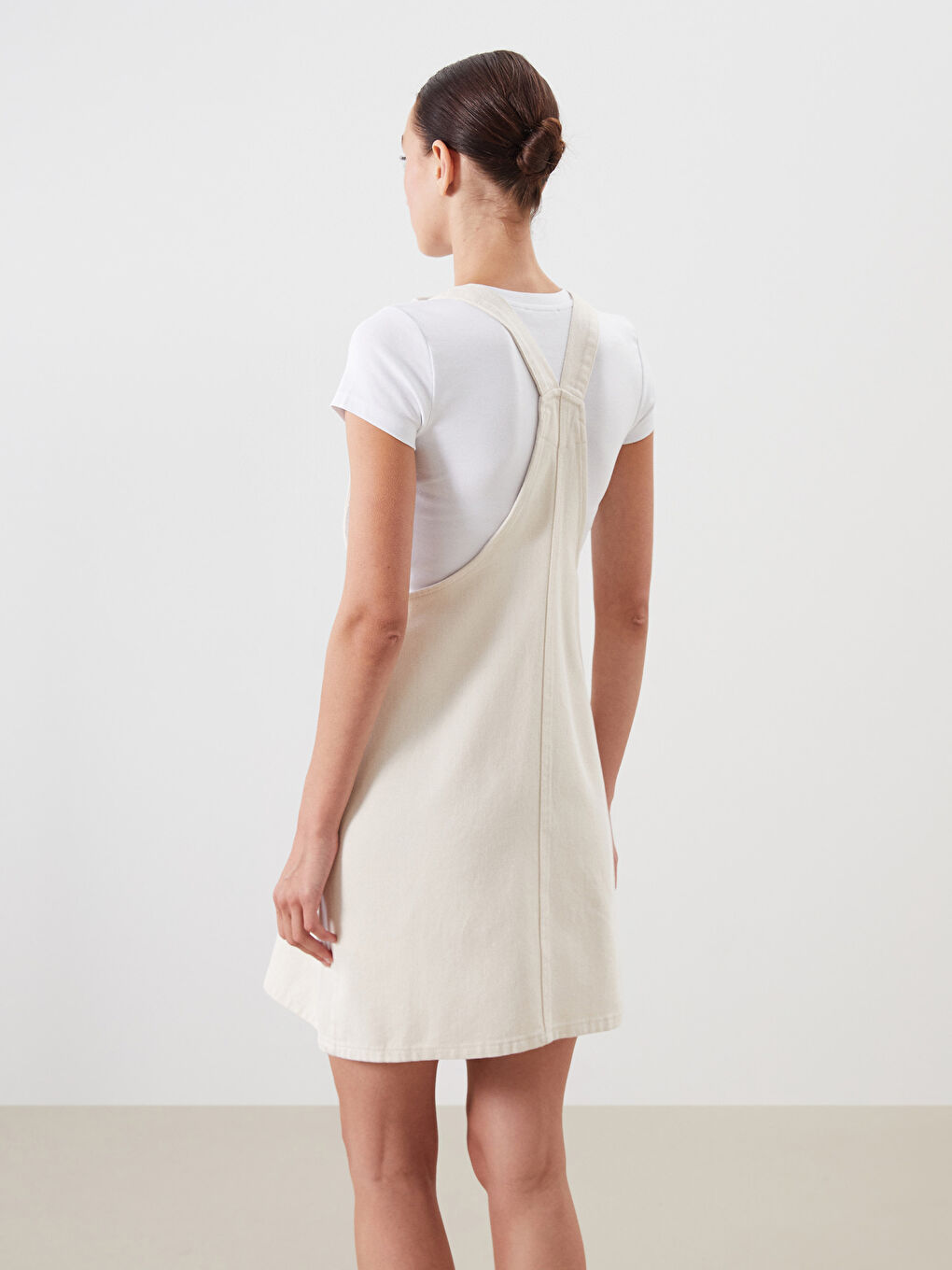 Bej Kare Yaka Kadın Jean Salopet Elbise-3