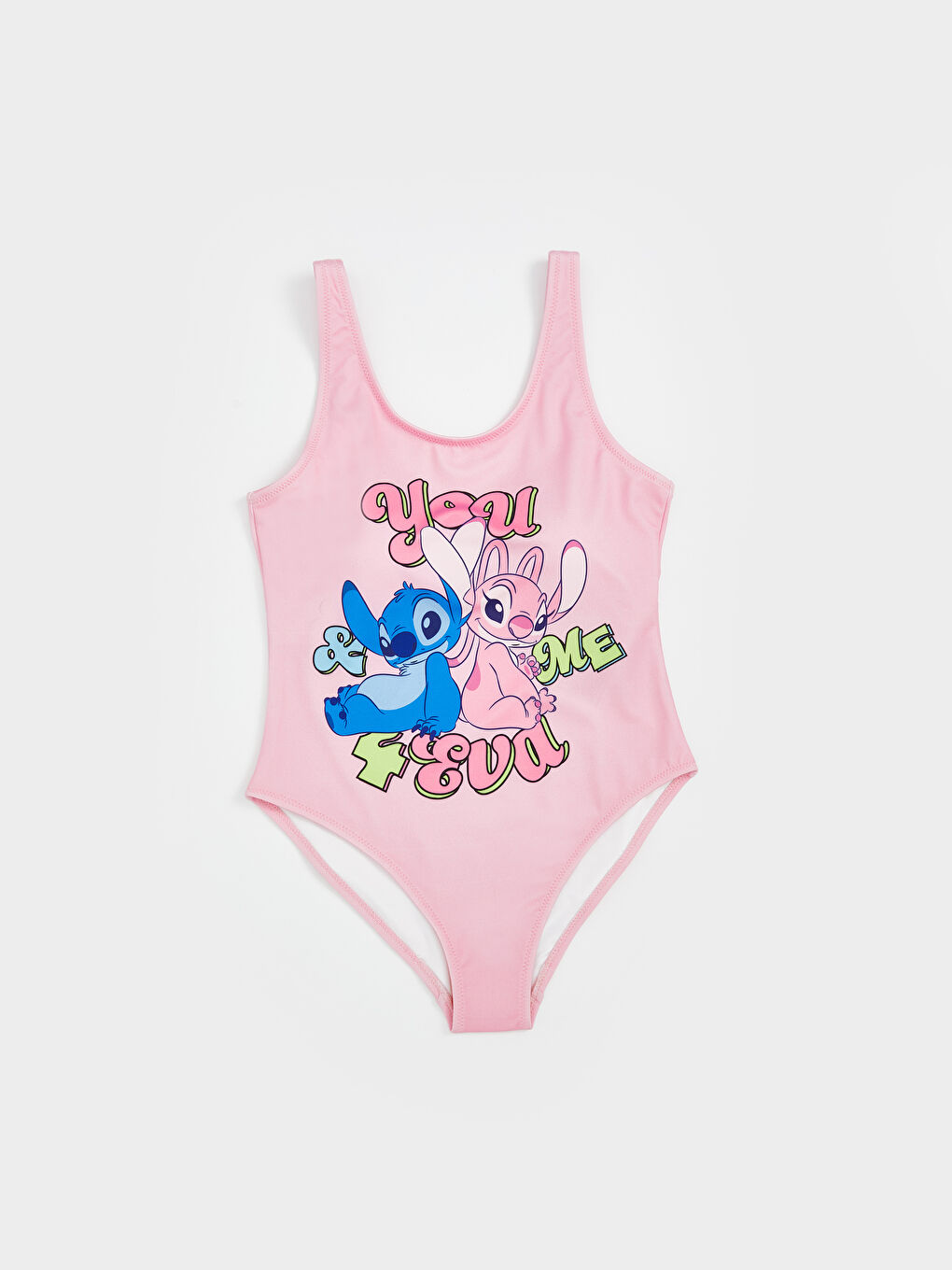 Pembe Stitch ve Angel Baskılı Kız Çocuk Mayo