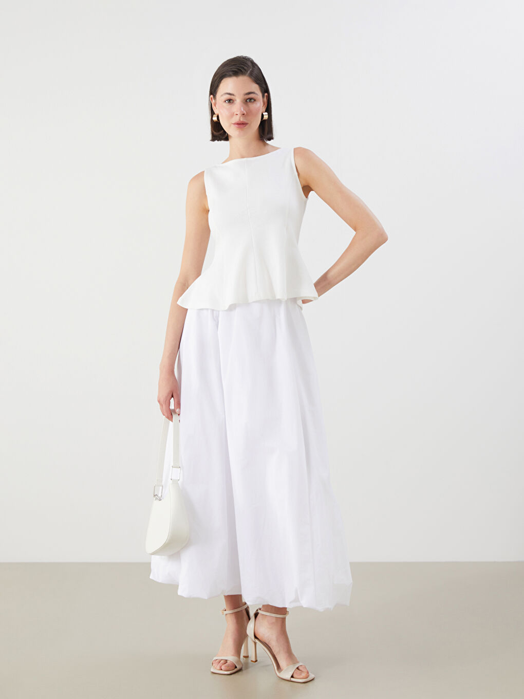 Beyaz Beli Lastikli Poplin Balon Etek