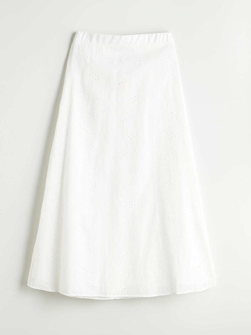 Beyaz Beli Lastikli Ajurlu A Kesim Etek-4