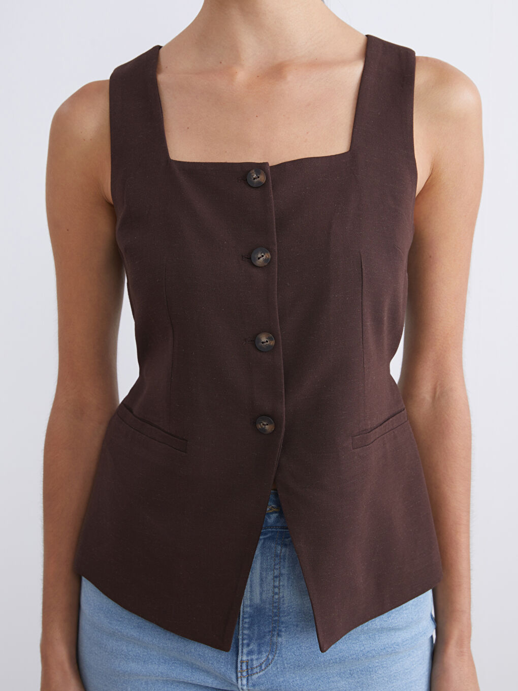 Kahverengi Kare Yaka Keten Karışımlı Kadın Klasik Yelek-2