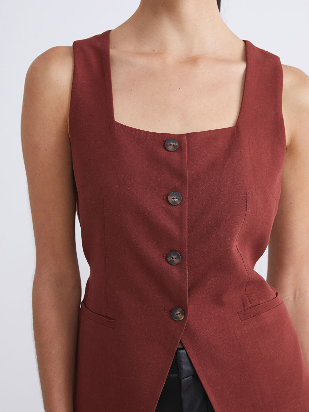 Bordo Kare Yaka Keten Karışımlı Kadın Klasik Yelek-2