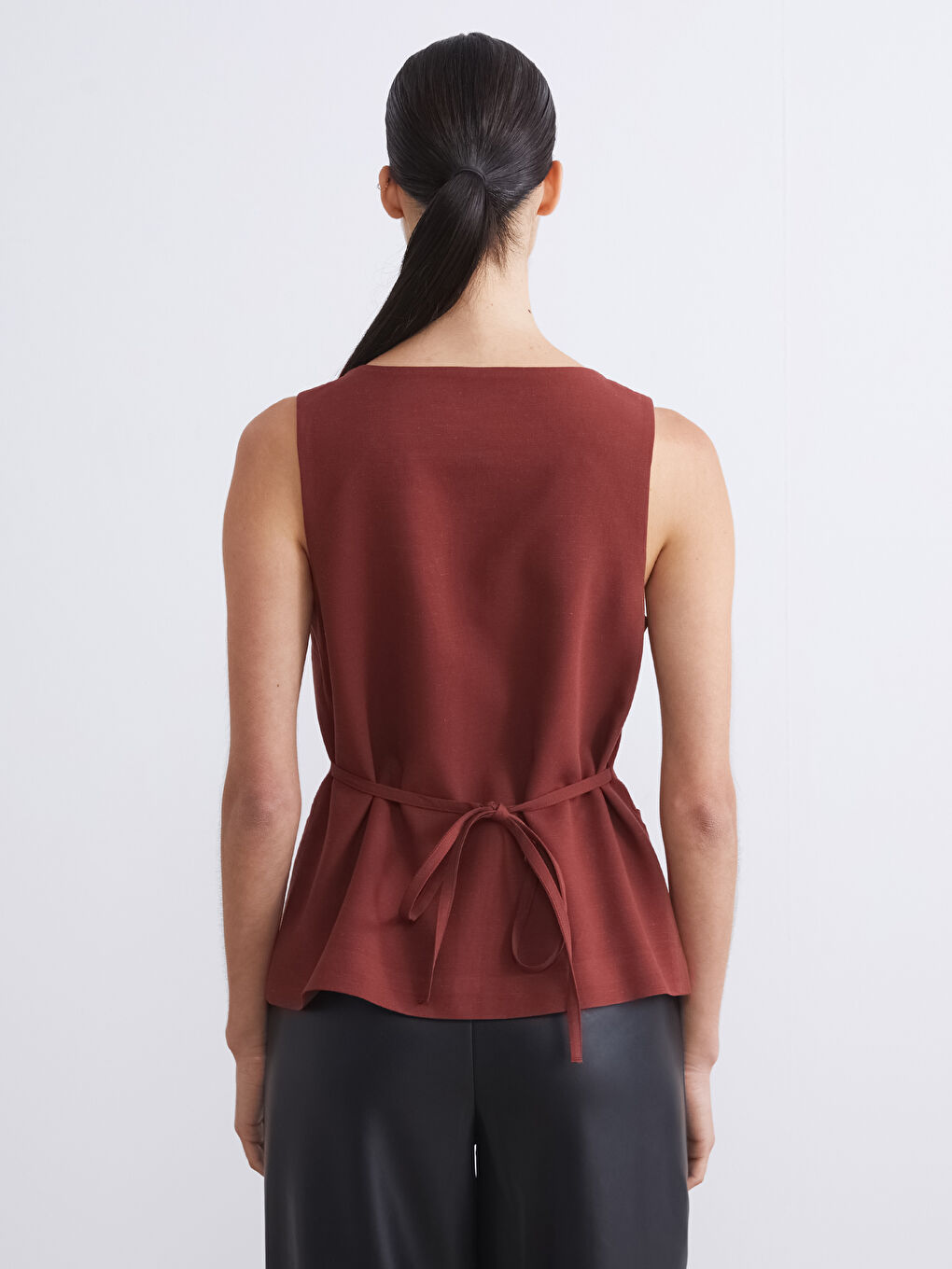 Bordo Kare Yaka Keten Karışımlı Kadın Klasik Yelek-3