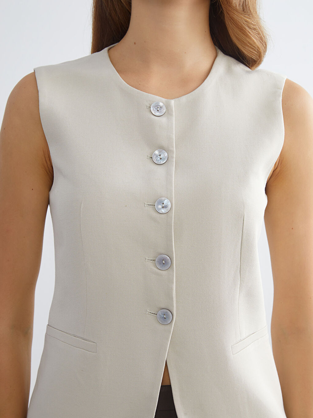 Ekru Bisiklet Yaka Keten Karışımlı Kadın Klasik Yelek-2