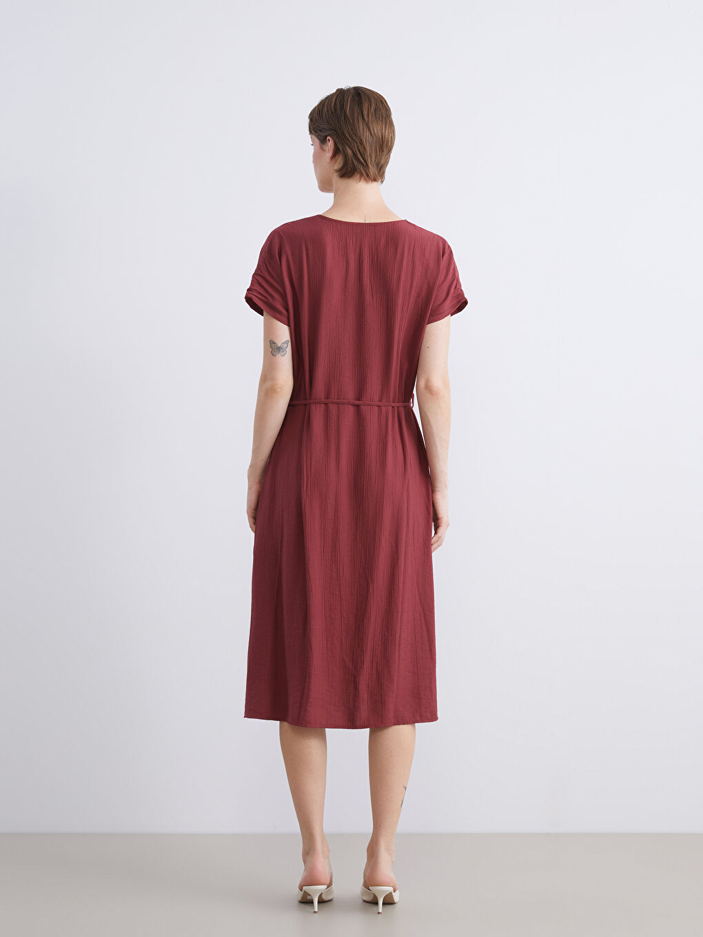 Bordo V Yaka Dokulu Elbise-3