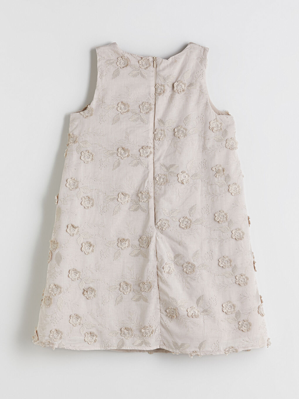 Bej Bisiklet Yaka Çiçek Nakışlı Kız Çocuk Elbise-2