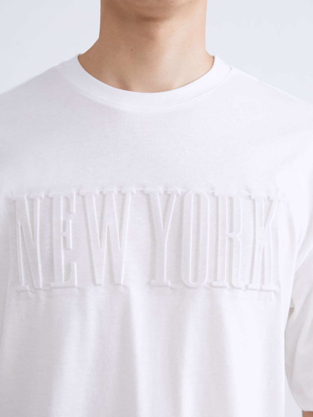 Ekru Bisiklet Yaka New York Baskılı Penye Erkek Tişört-2