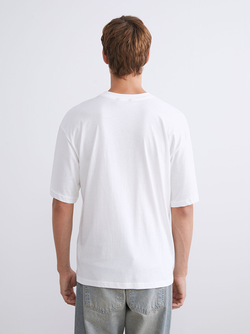 Ekru Bisiklet Yaka New York Baskılı Penye Erkek Tişört-3