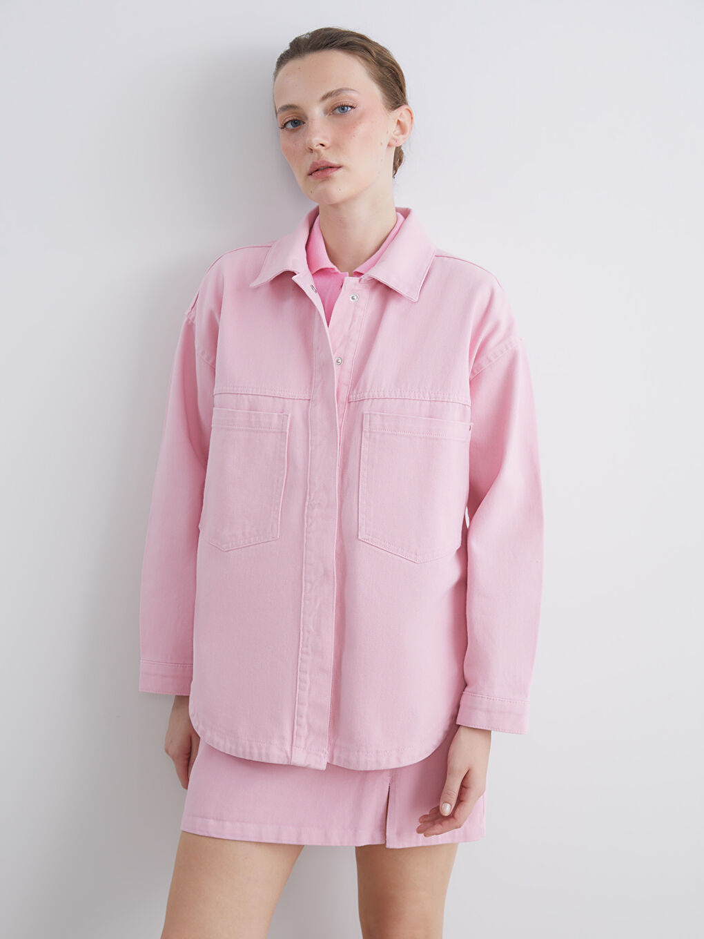 Pembe Loose Fit Kadın Jean Gömlek