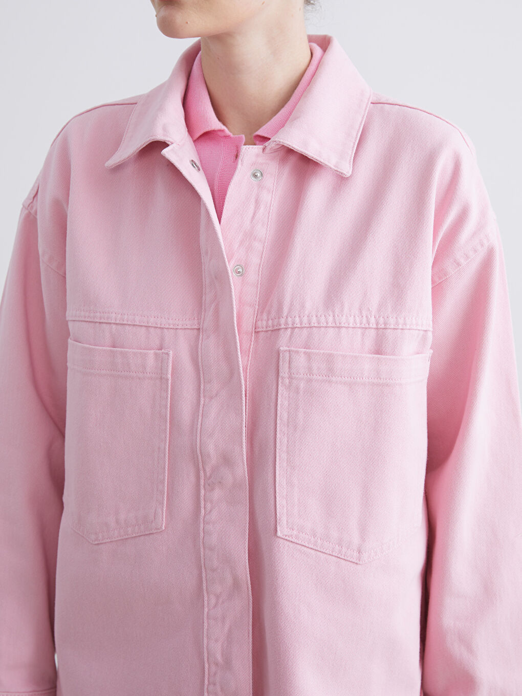 Pembe Loose Fit Kadın Jean Gömlek-2