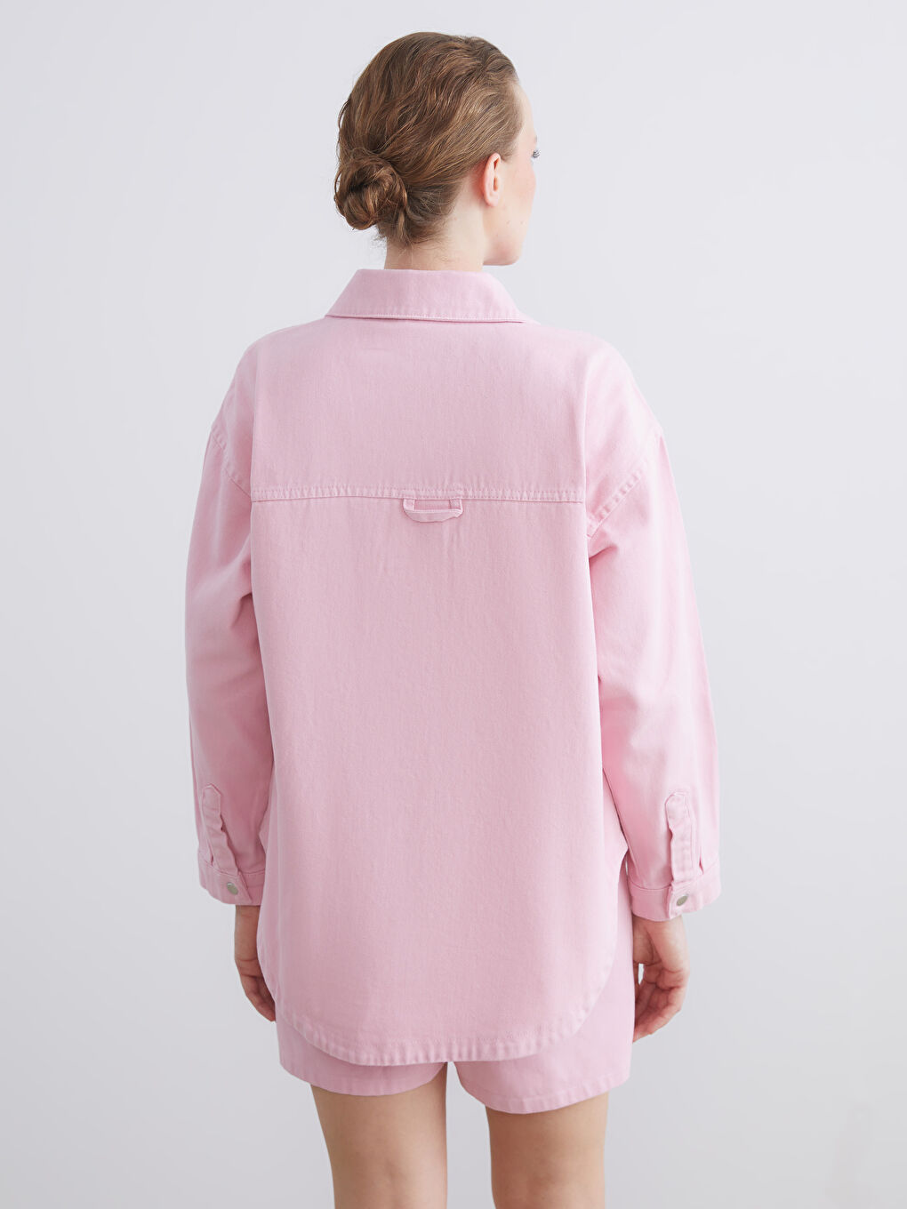 Pembe Loose Fit Kadın Jean Gömlek-3