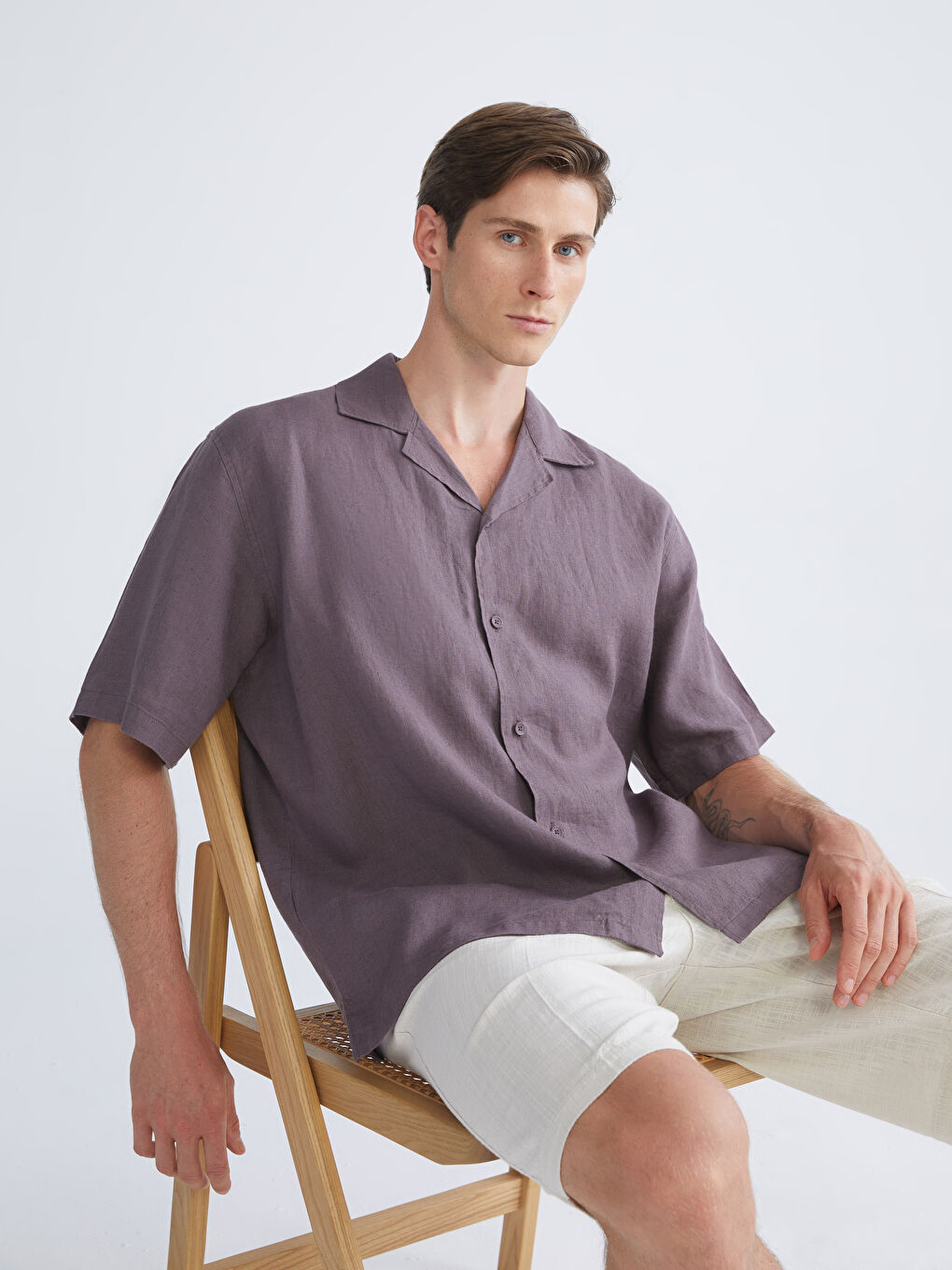 Mürdüm Rahat Kalıp Resort Yaka Kısa Kollu %100 Keten Erkek Gömlek