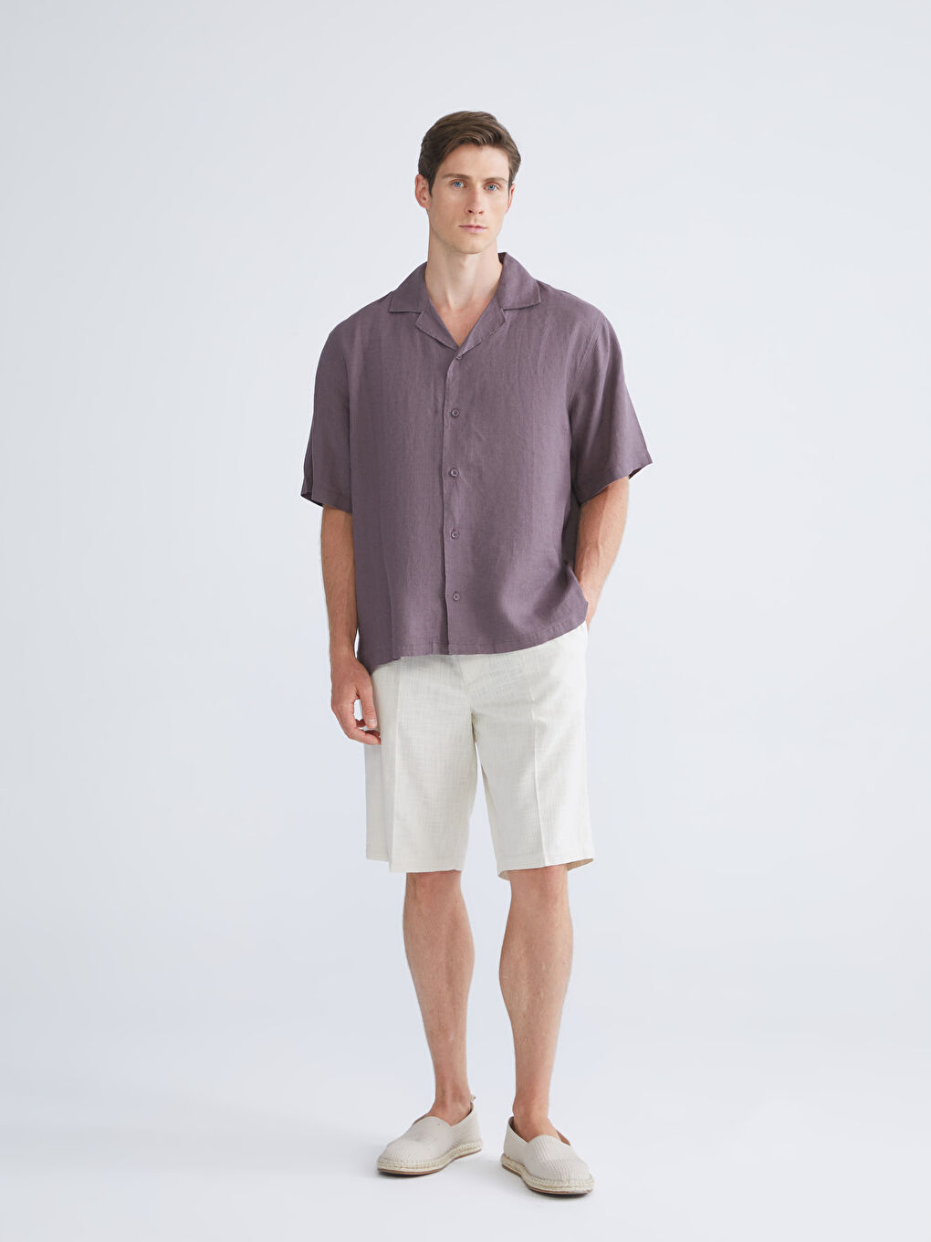 Mürdüm Rahat Kalıp Resort Yaka Kısa Kollu %100 Keten Erkek Gömlek-1