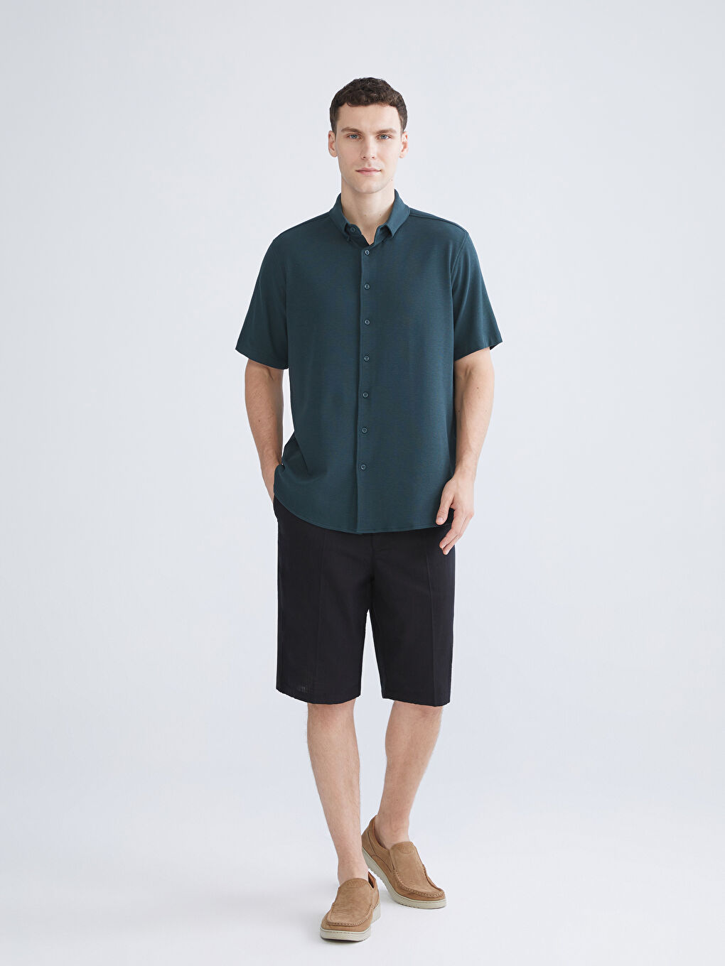 Petrol Regular Fit Kısa Kollu Erkek Gömlek-1