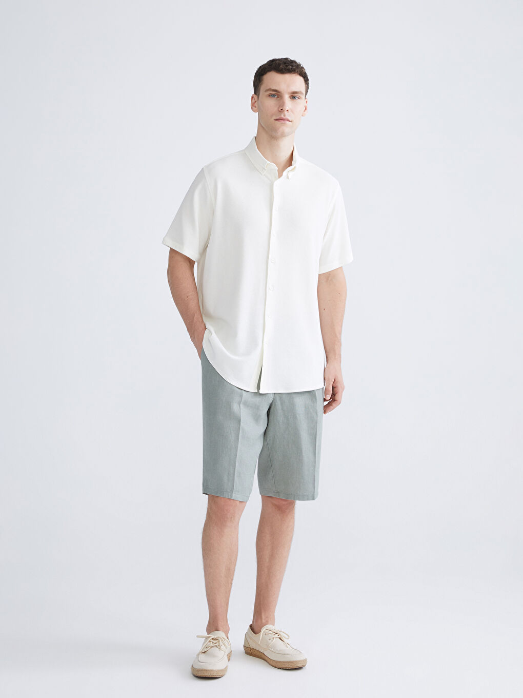 Ekru Regular Fit Kısa Kollu Erkek Gömlek-1