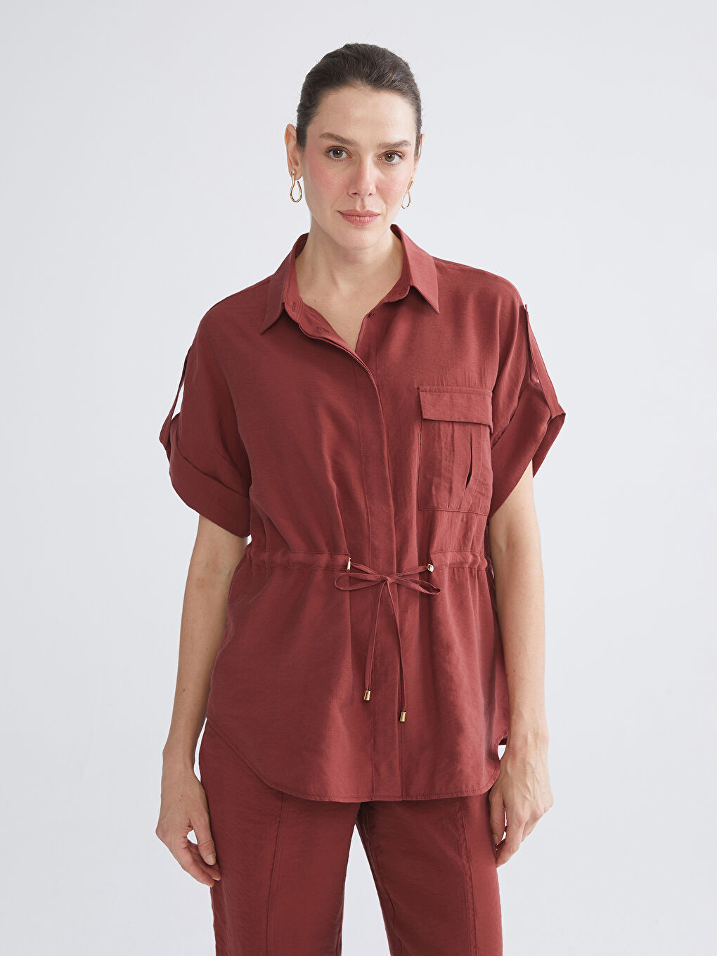 Bordo Oversize Modal Karışımlı Kadın Gömlek