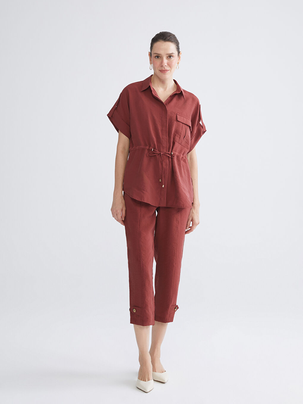 Bordo Oversize Modal Karışımlı Kadın Gömlek-1