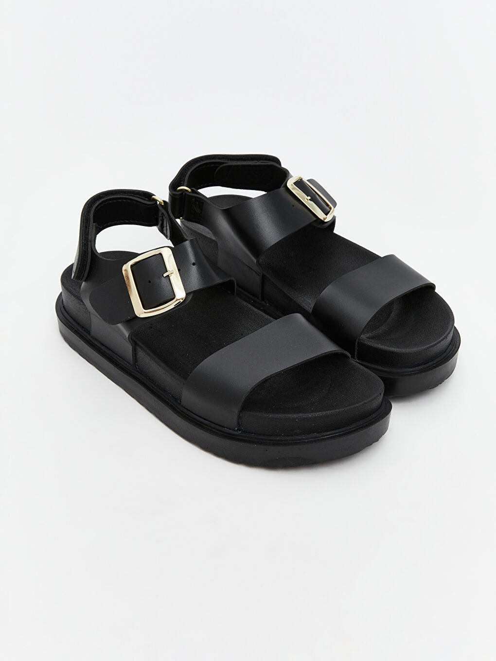 Siyah Deri Görünümlü Kız Çocuk Sandalet