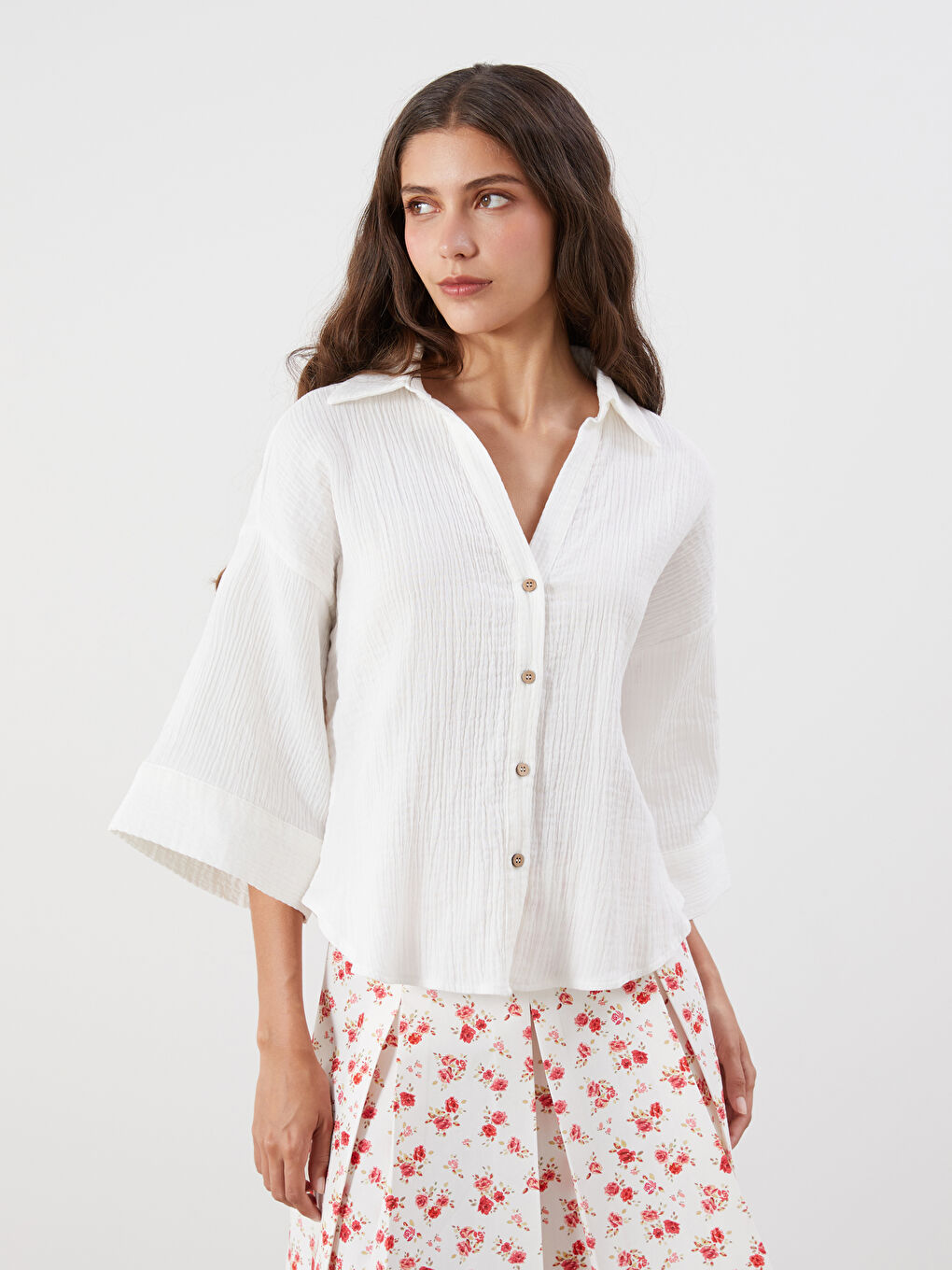 Ekru Oversize Müslin Kadın Gömlek