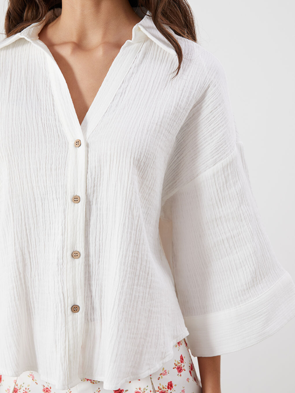 Ekru Oversize Müslin Kadın Gömlek-2