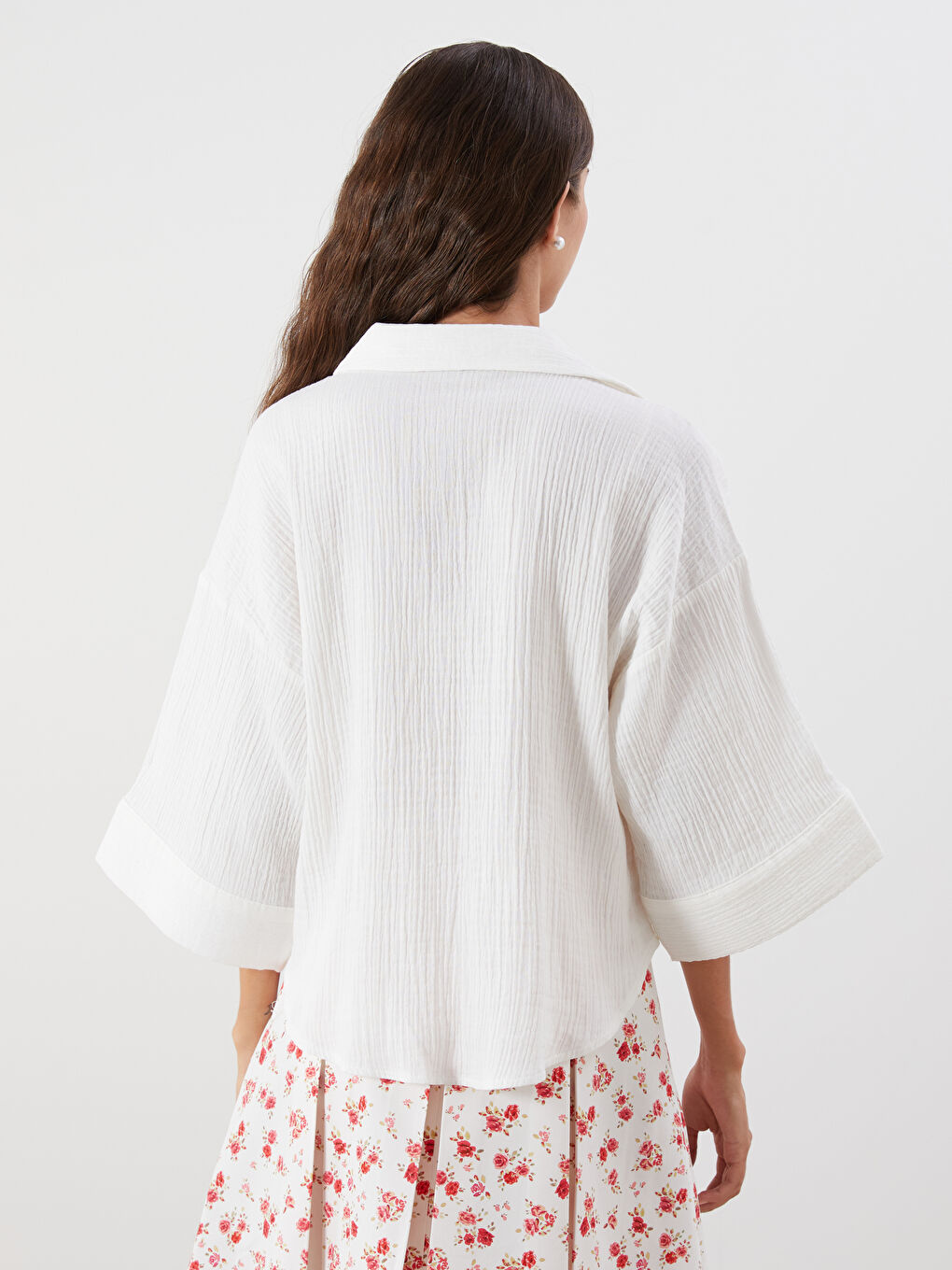 Ekru Oversize Müslin Kadın Gömlek-3