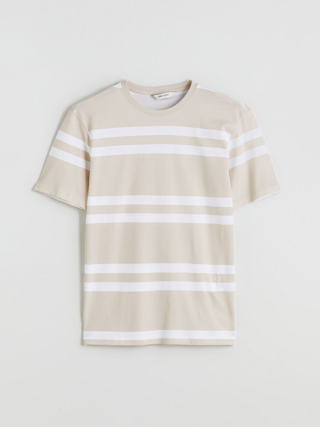 Bej Bisiklet Yaka Çizgili Penye Erkek Tişört-4