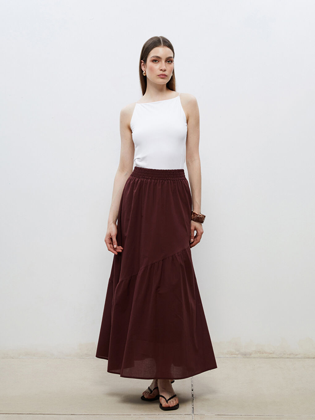 Bordo Beli Lastikli Pileli Etek