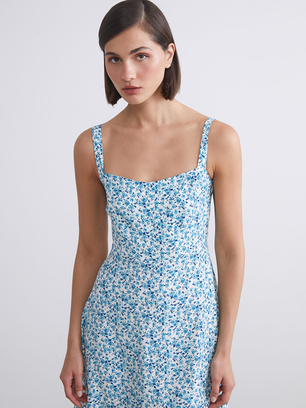 Karışık Kare Yaka Çiçekli Mini Elbise-1